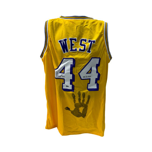 Jerry West Autographed Los Angeles Lakers Yellow Jersey w/ Handprint 44 Retired Inscription Steiner CX