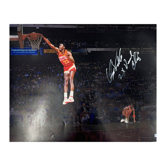 Dominique Wilkins Autographed Atlanta Hawks Dunk Contest Spotlight Edit 16x20 2x Dunk Champ Inscription Steiner CX