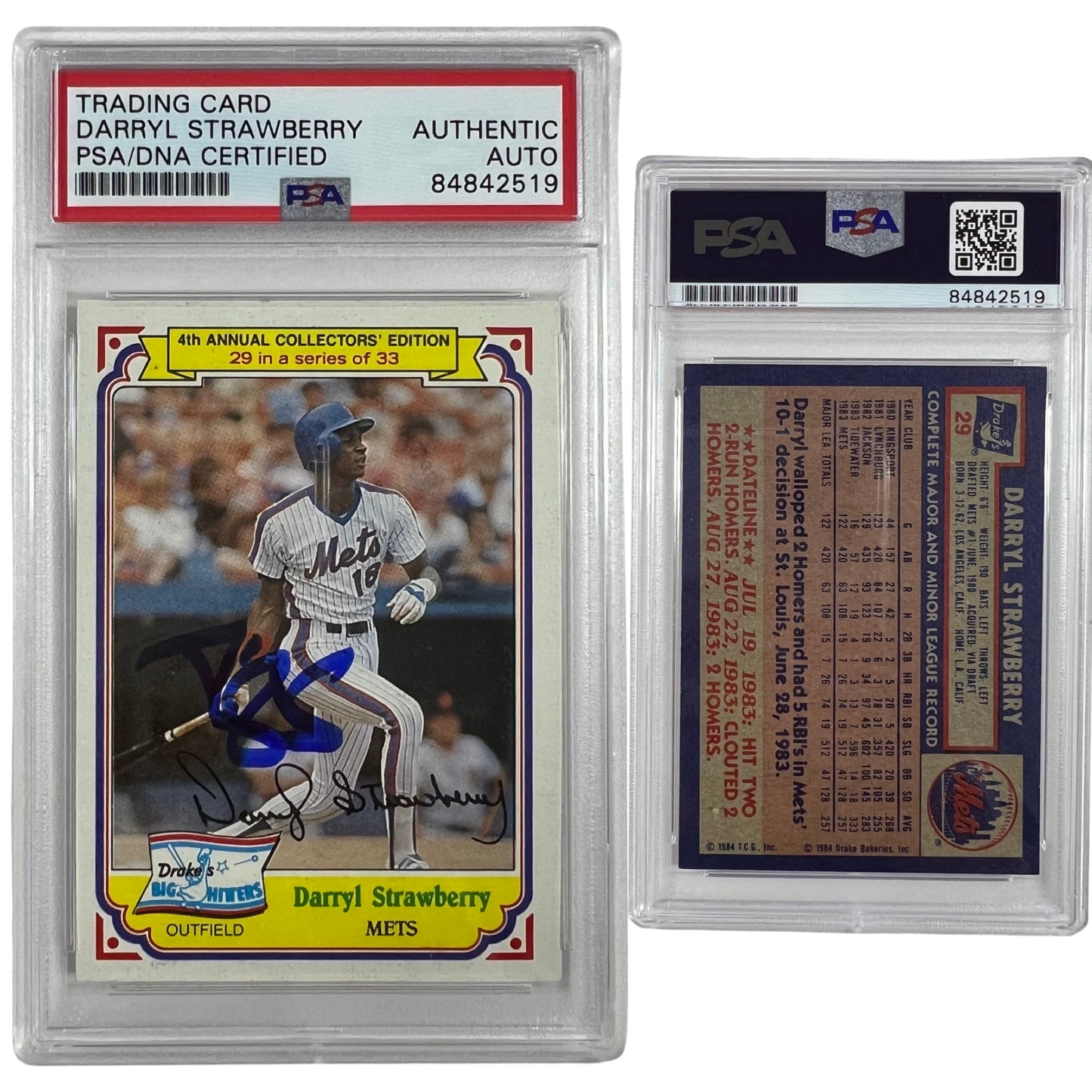 1984 Darryl Strawberry Topps Drakes Big Hitters #29 Autographed PSA Auto Authentic