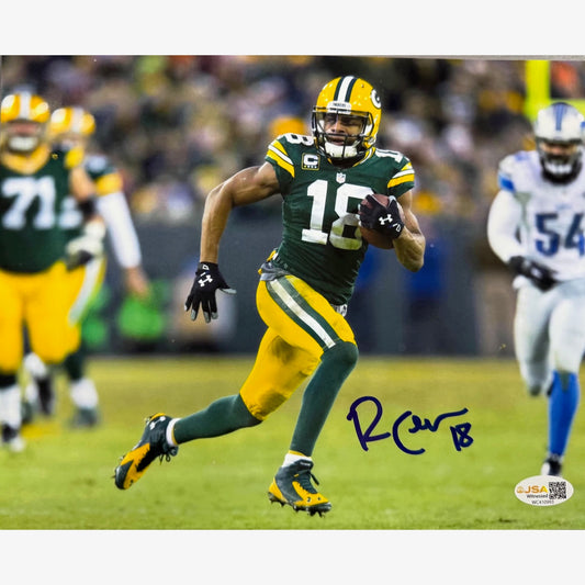 Randall Cobb Autographed Green Bay Packers Running Green Jersey 8x10 JSA