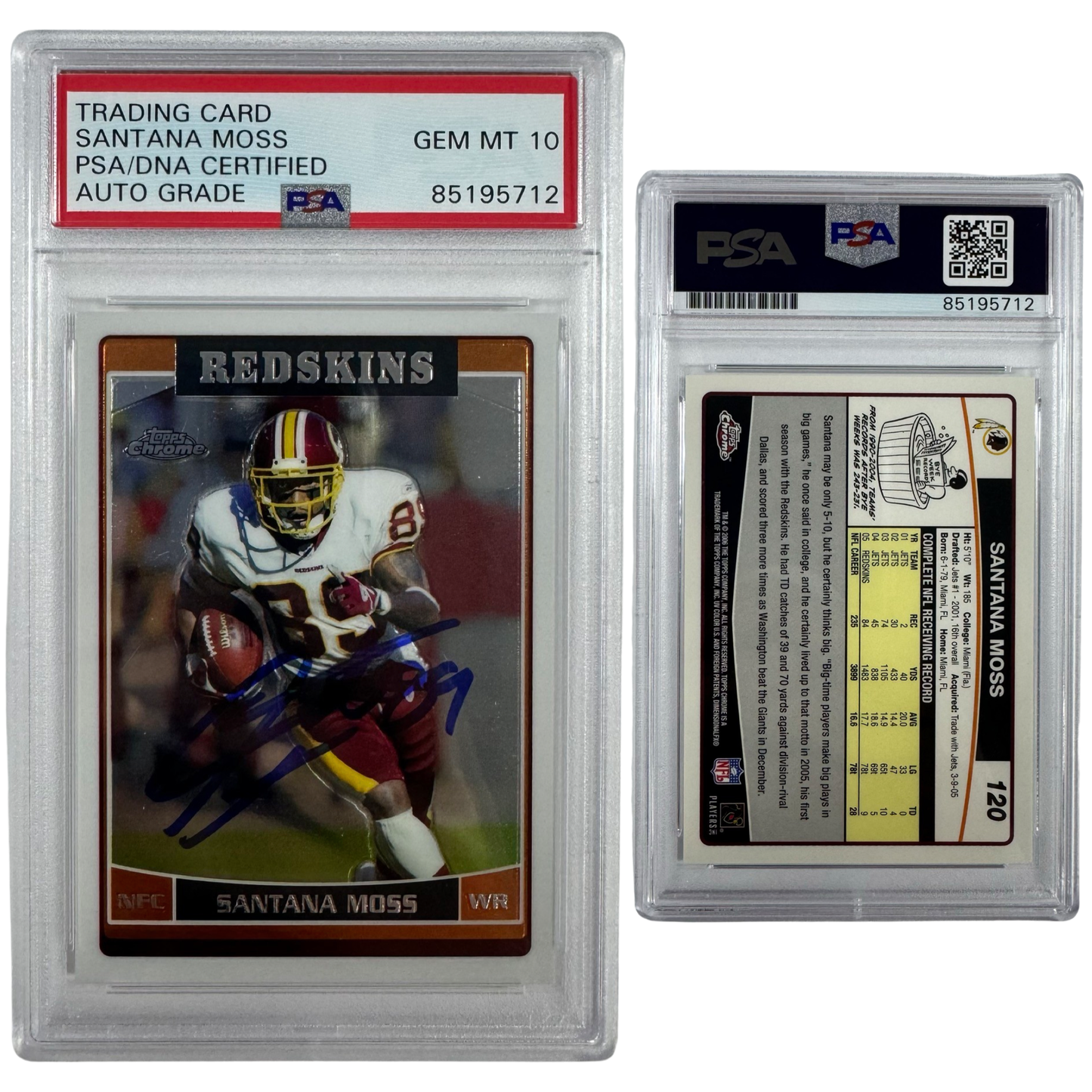 2006 Santana Moss Autographed Topps Chrome #120 PSA Auto GEM MT 10