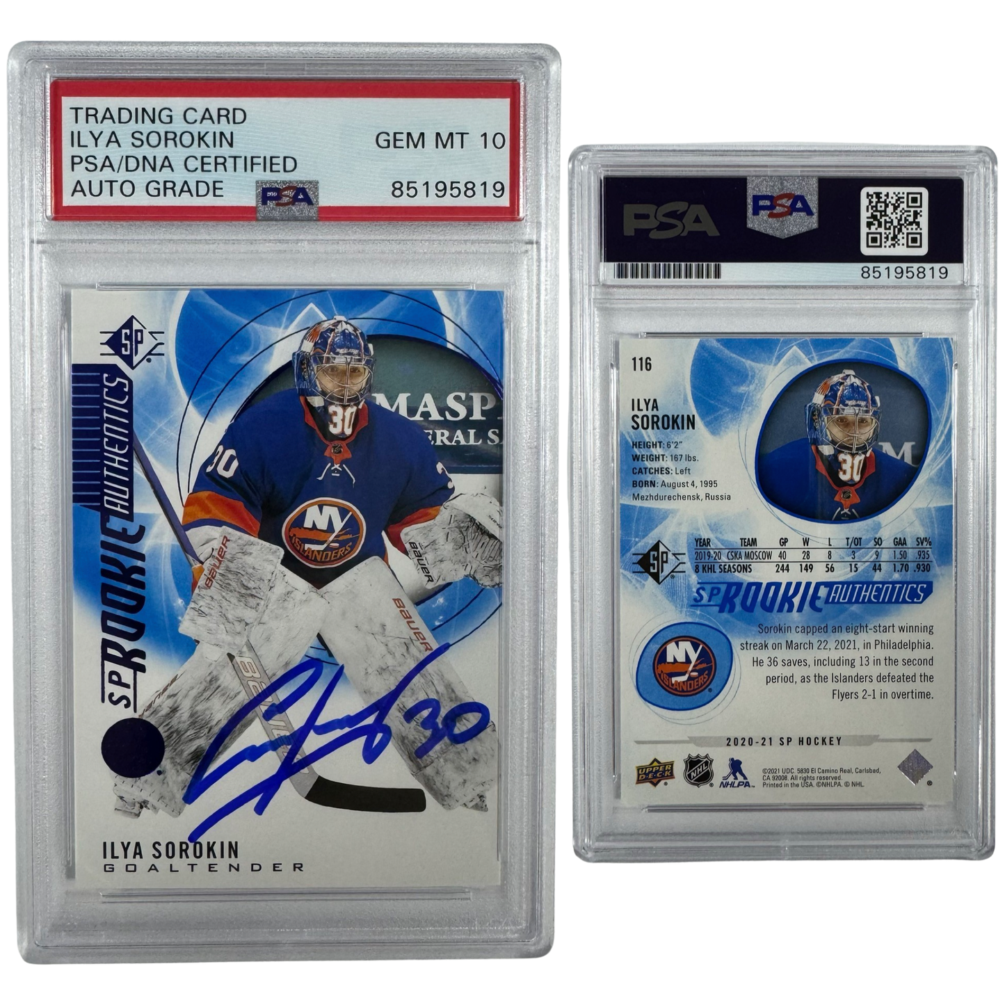 2020-21 Ilya Sorokin Autographed Upper Deck SP Rookie Authentics #116 PSA Auto GEM MT 10