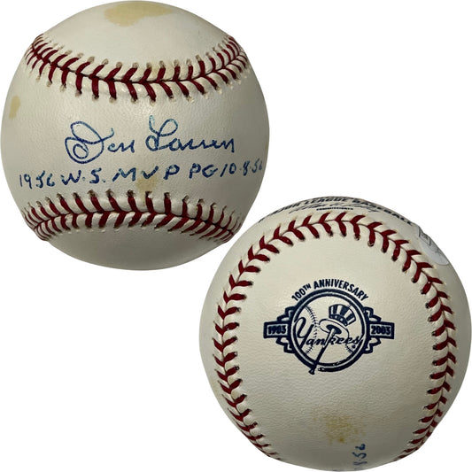 Don Larsen Autographed New York Yankees 100th Anniversary Logo Baseball “1956 WS MVP, PG 10.8.56” Inscriptions JSA