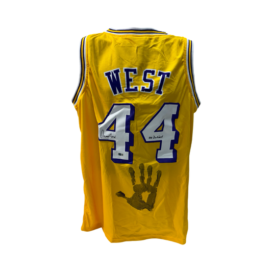 Jerry West Autographed Los Angeles Lakers Yellow Jersey w/ Handprint “44 Retired” Inscription Steiner CX