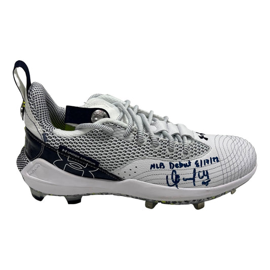 Oswaldo Cabrera Autographed New York Yankees Under Armour Bryce Harper Game Model (Right) Cleat (Navy Ink) “MLB Debut 8/17/22” Inscription Steiner CX