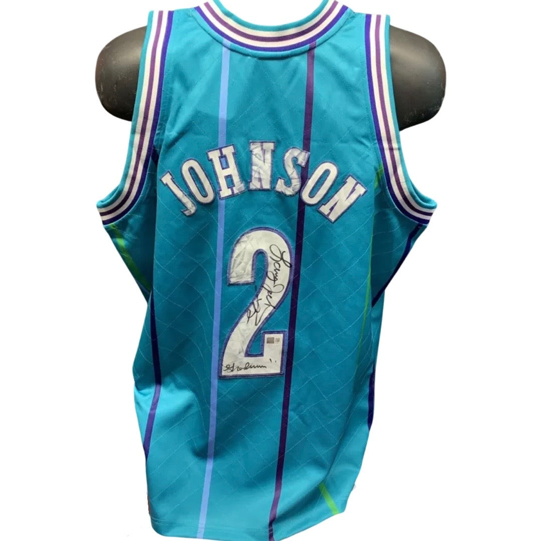 Larry Johnson Autographed Charlotte Hornets NBA 75th Anniversary Diamond Edition Mitchell & Ness Swingman Jersey “Grandmama” Inscription Steiner CX