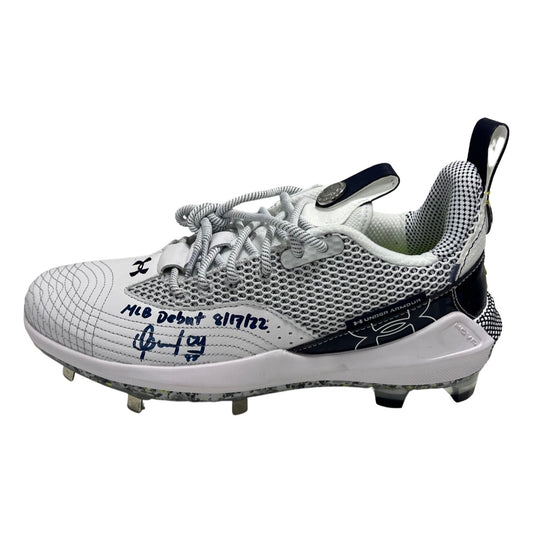 Oswaldo Cabrera Autographed New York Yankees Under Armour Bryce Harper Game Model (Left) Cleat (Navy Ink) “MLB Debut 8/17/22” Inscription Steiner CX