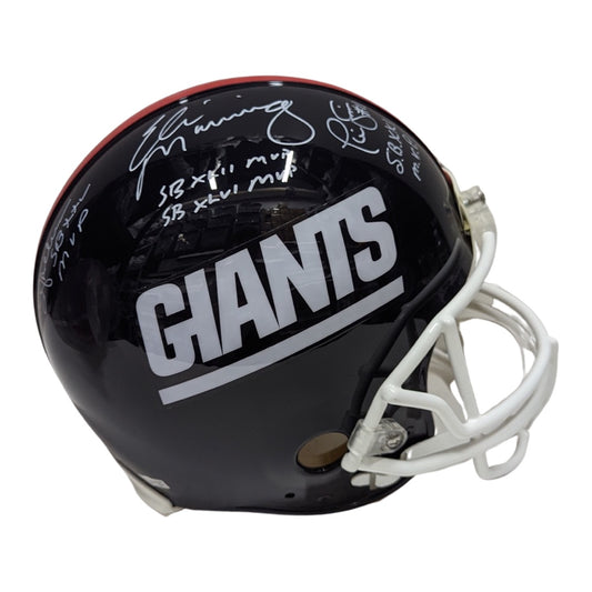 Eli Manning, Phil Simms & OJ Anderson Autographed New York Giants Proline Authentic Helmet “SB XXI MVP, SB XXV MVP, SB XLII MVP, SB XLVI MVP” Inscription Fanatics