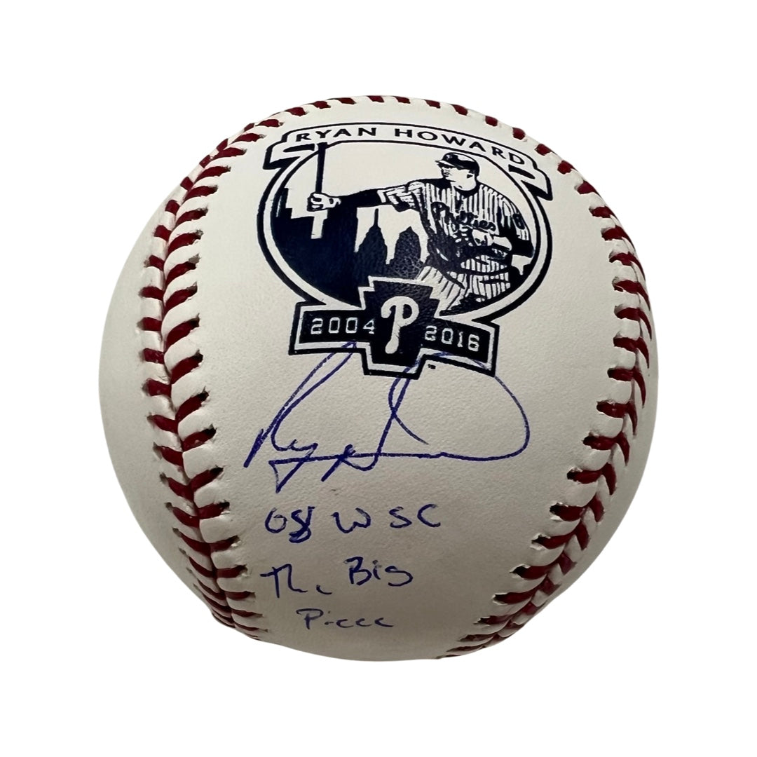 Ryan Howard Autographed Philadelphia Phillies Retirement Logo Baseball “08 WSC, The Big Piece” Inscription Steiner CX