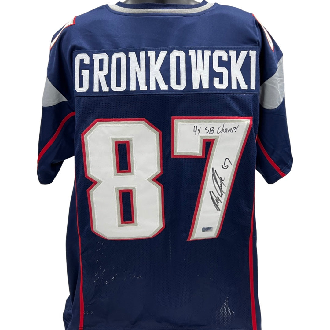 Rob Gronkowski Autographed New England Patriots Blue Jersey “4x SB Champ!” Inscription Radtke Sports