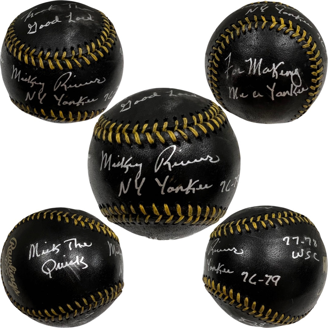 Mickey Rivers Autographed New York Yankees Black Leather OMLB “NY Yankee 76-79, 77-78 WSC, Mick the Quick, Thank the Good Lord for Making Me a Yankee” Inscriptions Steiner CX