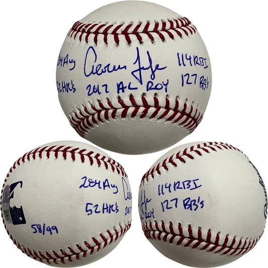 Aaron Judge Autographed New York Yankees OMLB “2017 AL ROY, 114 RBI, 127 BBs, 284 AVG, 52 HRs” Inscriptions LE /99 MLB