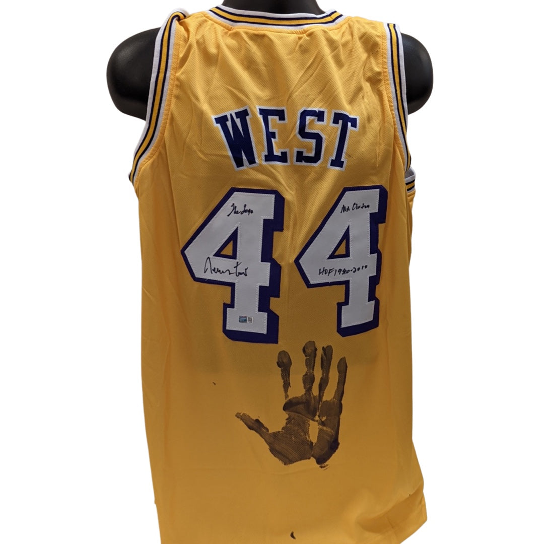 Jerry West Autographed Los Angeles Lakers Yellow Jersey “The Logo, Mr Clutch, HOF 1980-2010” Inscriptions with Handprint Steiner CX
