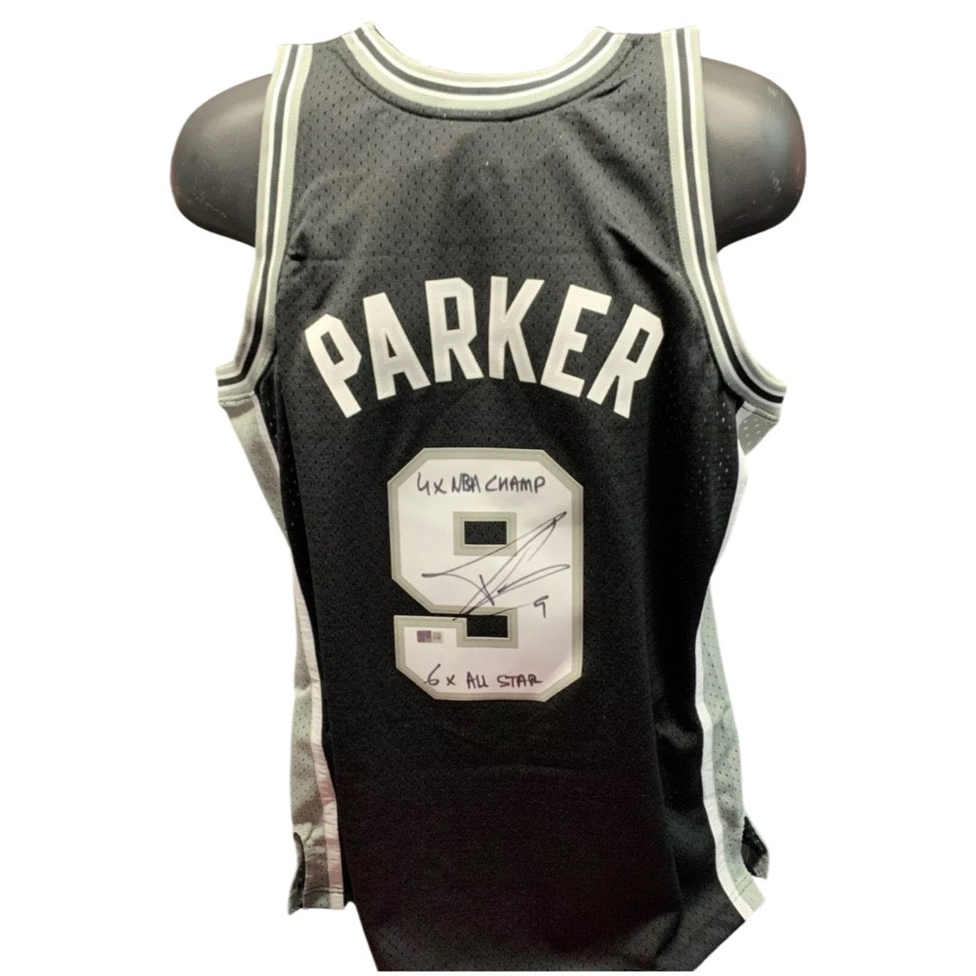 Tony Parker Autographed San Antonio Spurs Black Mitchell & Ness Swingman Jersey “4x NBA Champ, 6x All Star” Inscriptions Steiner CX