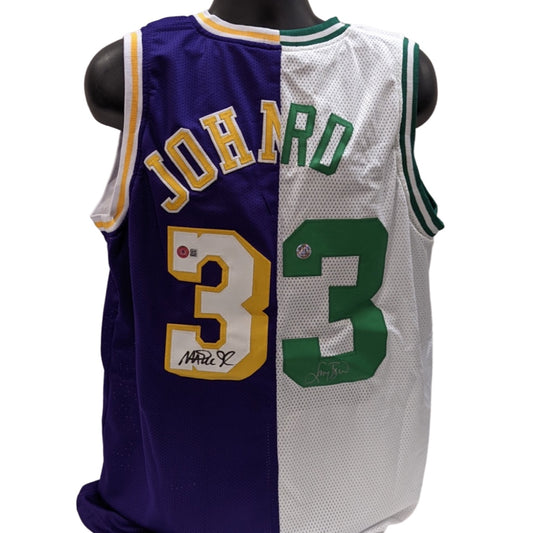 Larry Bird & Magic Johnson Autographed Boston Celtics & Los Angeles Lakers Split Jersey Purple/White Beckett & Larry Bird COA