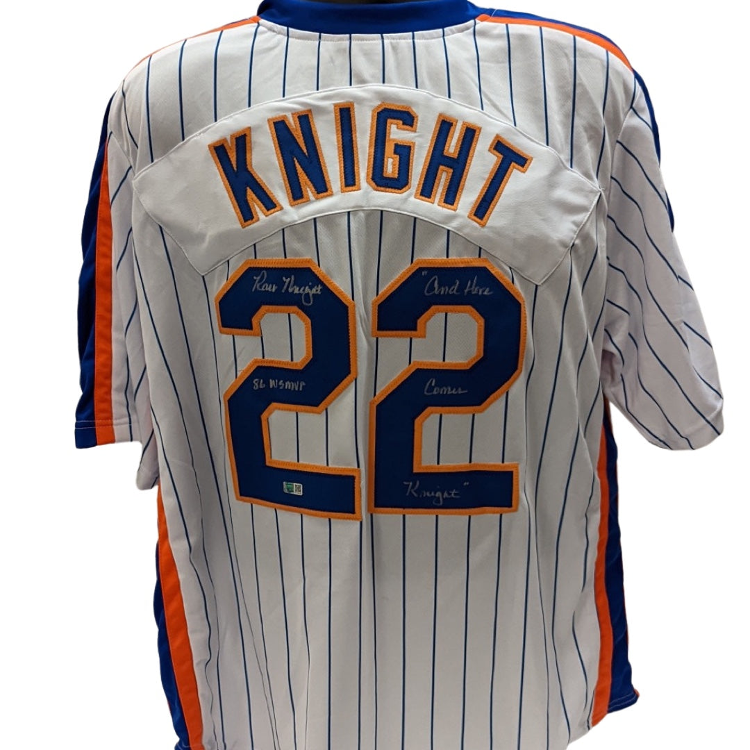 Ray Knight Autographed New York Mets Pinstripe Jersey “86 WS MVP, And Here Comes Knight” Inscriptions Steiner CX