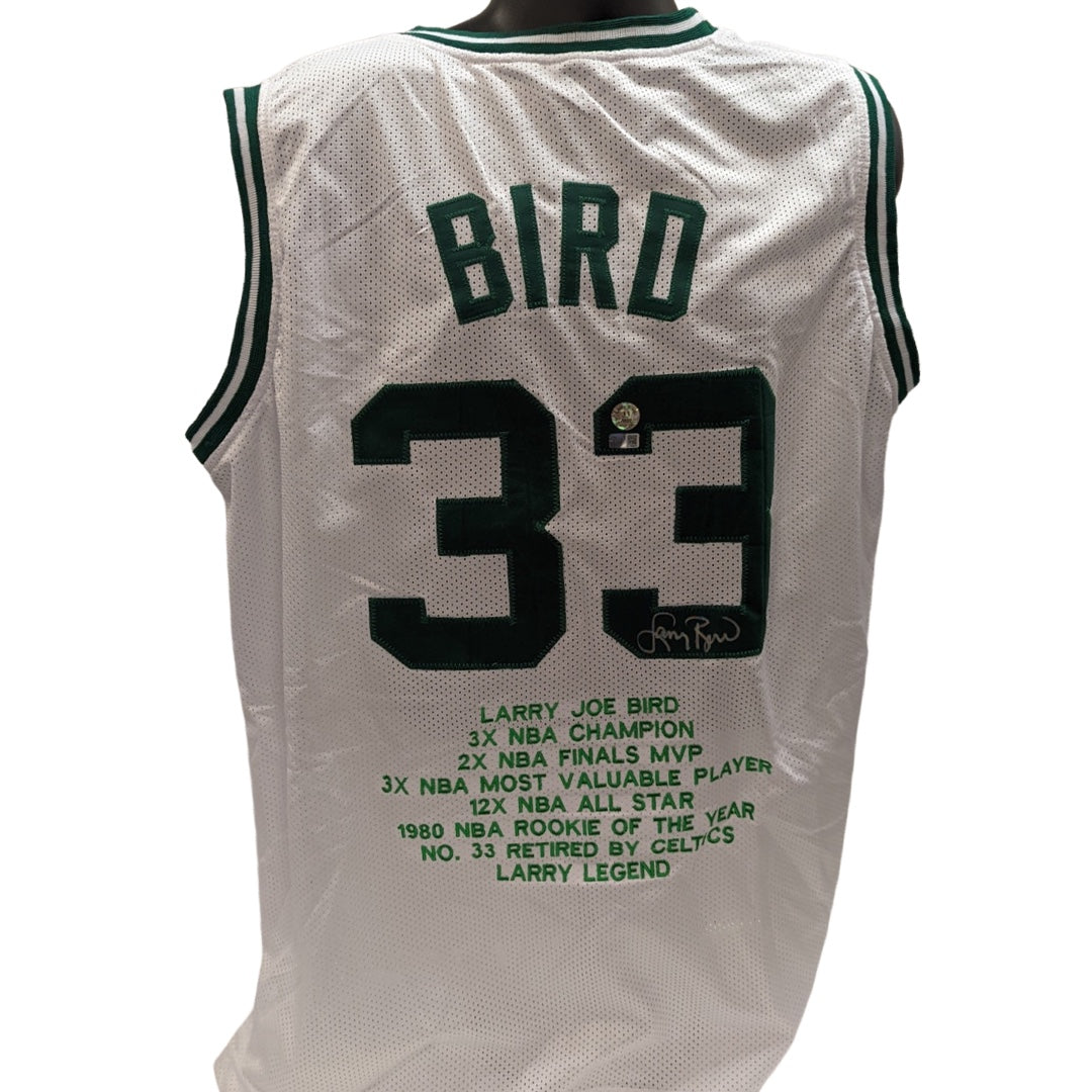 Larry Bird Autographed Boston Celtics White Stat Jersey Steiner CX & Larry Bird COA