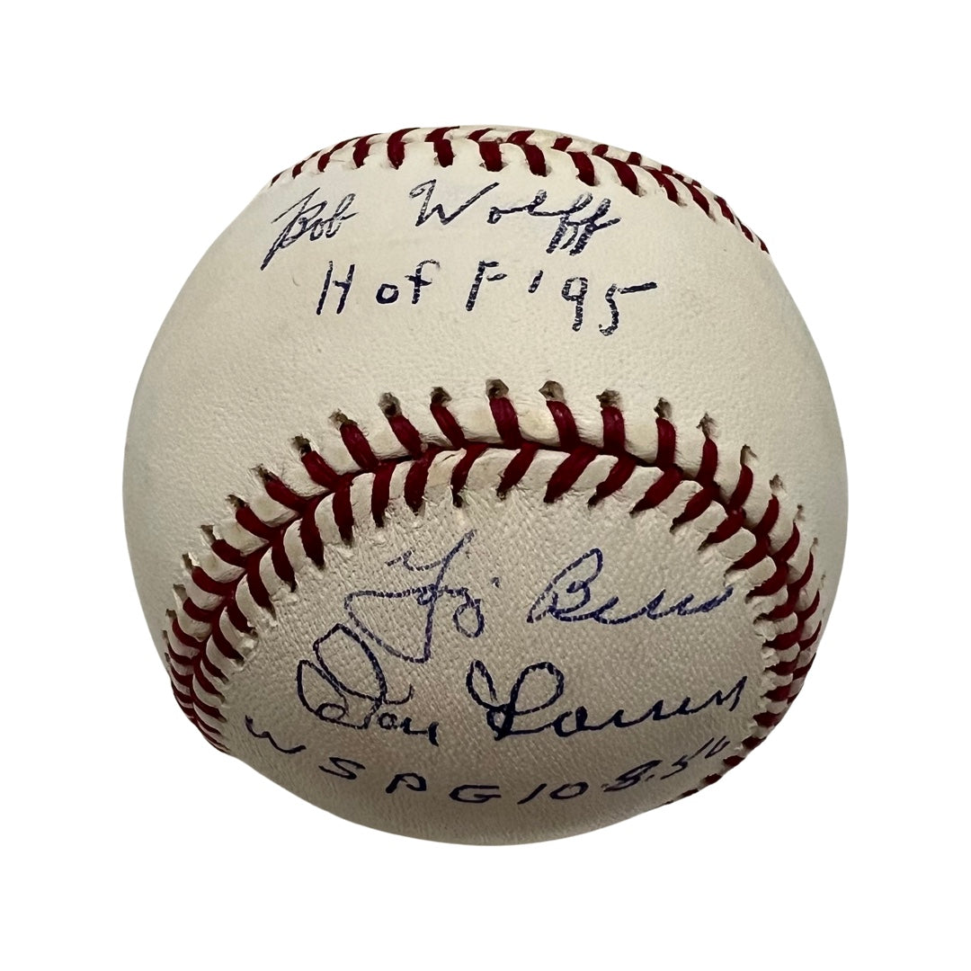Yogi Berra, Don Larsen & Bob Wolff Autographed New York Yankees OMLB “HOF 95, WSPG 10.8.56” Inscriptions JSA