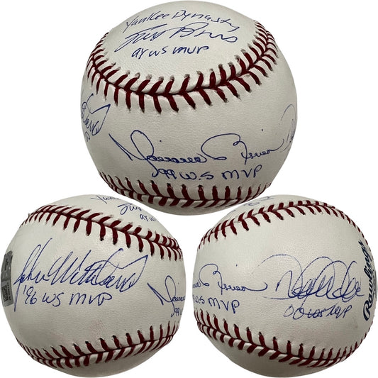 Derek Jeter, Mariano Rivera, Scott Brossius & John Wetteland Autographed New York Yankees OMLB “96 WS MVP, 98 WS MVP, 99 WS MVP, 00 WS MVP, Yankee Dynasty” Inscriptions Steiner & MLB