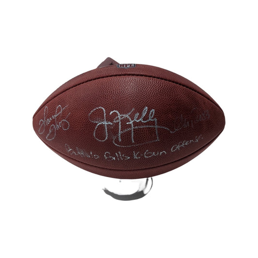 Jim Kelly, Thurman Thomas & Andre Reed Autographed Buffalo Bills NFL Duke Football “Buffalo Bills K Gun Offense” Inscription JSA