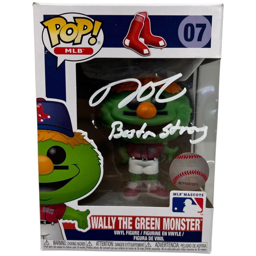 Dustin Pedroia Autographed Boston Red Sox Wally the Green Monster Funko Pop “Boston Strong” Inscription White Ink Steiner CX