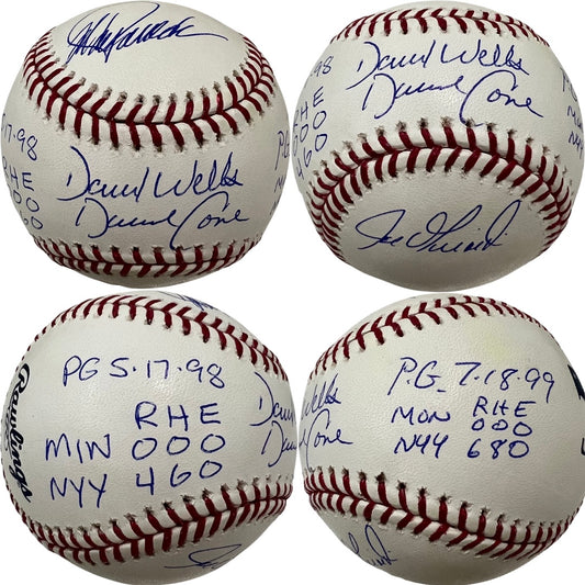 David Cone, Joe Girardi, David Wells & Jorge Posada Autographed New York Yankees OMLB “PG 5.17.98, PG 7.18.99” & Box Scores Inscriptions JSA