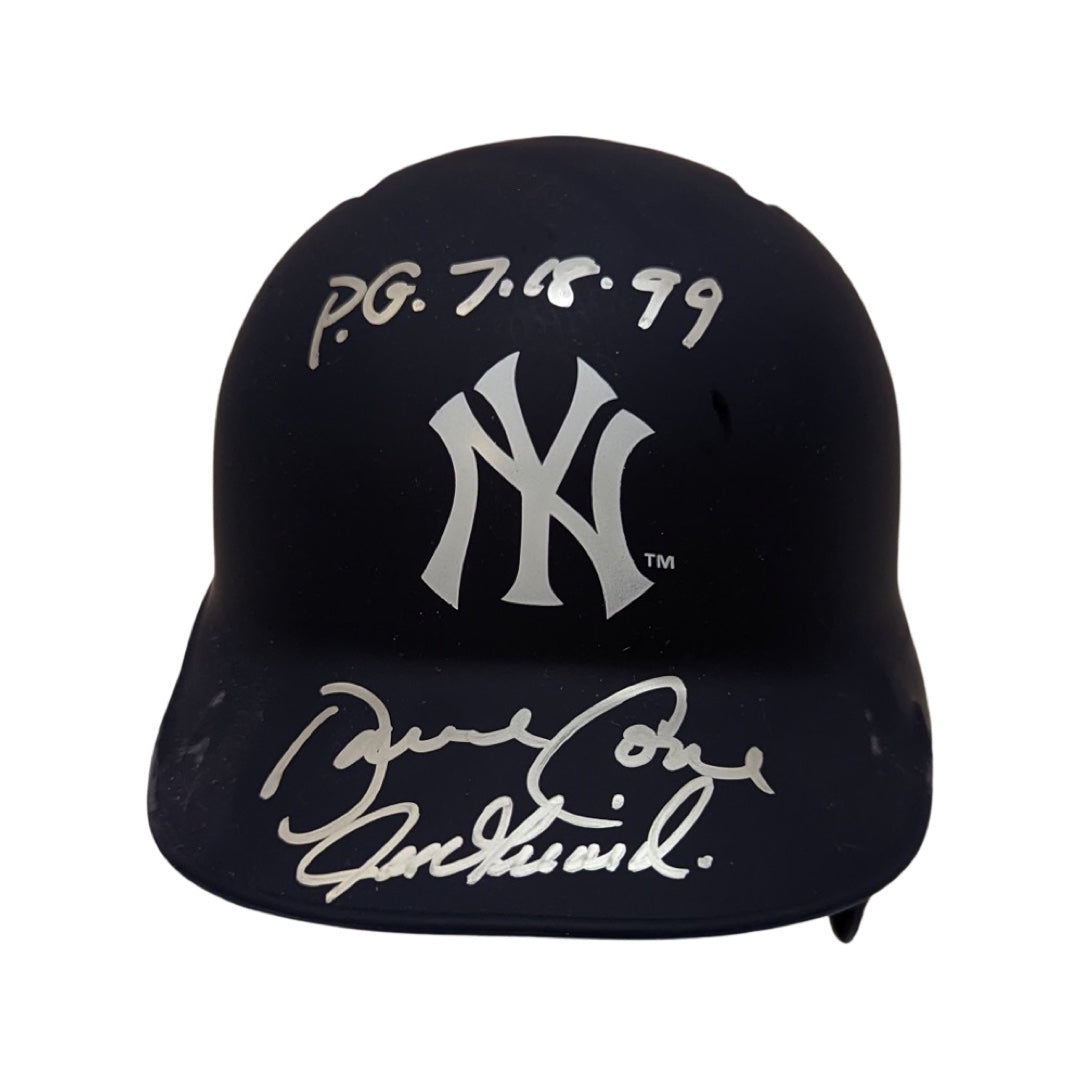 David Cone & Joe Girardi Autographed New York Yankees Flat Black Mini Helmet “PG 7.18.99” Inscription JSA