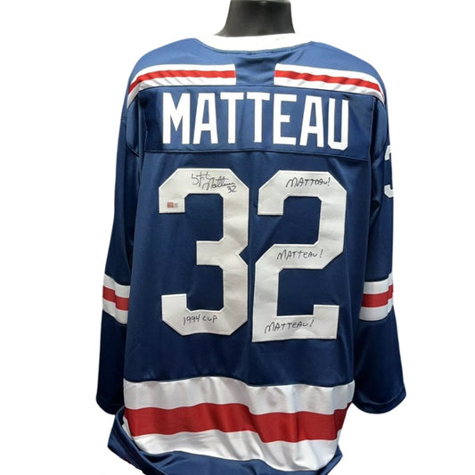Stephane Matteau Autographed New York Rangers Navy Jersey “1994 Cup, Matteau! Matteau! Matteau!” Inscriptions Steiner CX