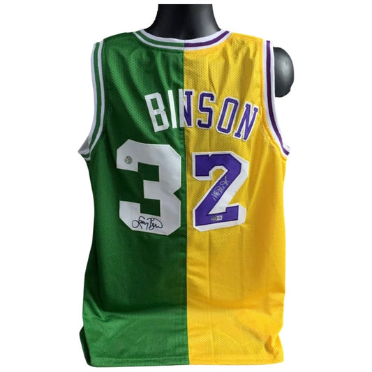 Larry Bird & Magic Johnson Autographed Boston Celtics & Los Angeles Lakers Split Jersey Green/Yellow Beckett & Larry Bird COA