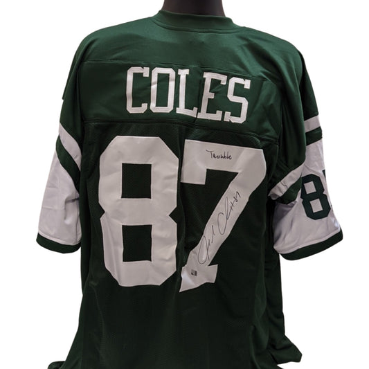 Laveranues Coles Autographed New York Jets Green Jersey “Trouble” Inscription Steiner CX