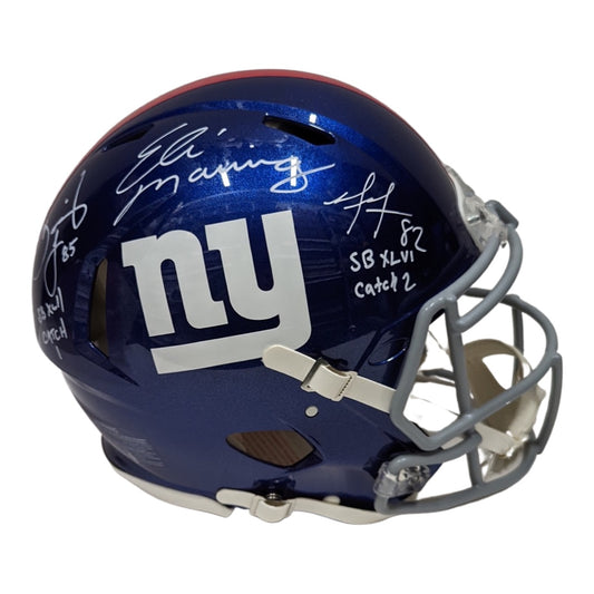 Eli Manning, David Tyree & Mario Manningham Autographed New York Giants Speed Authentic Helmet “SB XLII Catch 1, SB CLVI Catch 2” Inscriptions Steiner CX