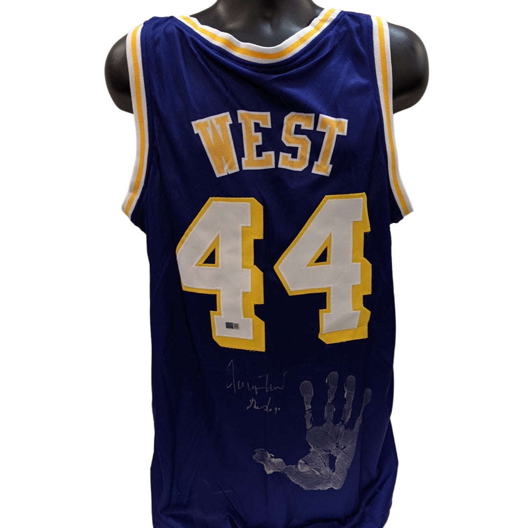 Jerry West Autographed Los Angeles Lakers Purple Jersey “The Logo” Inscription with Handprint Steiner CX