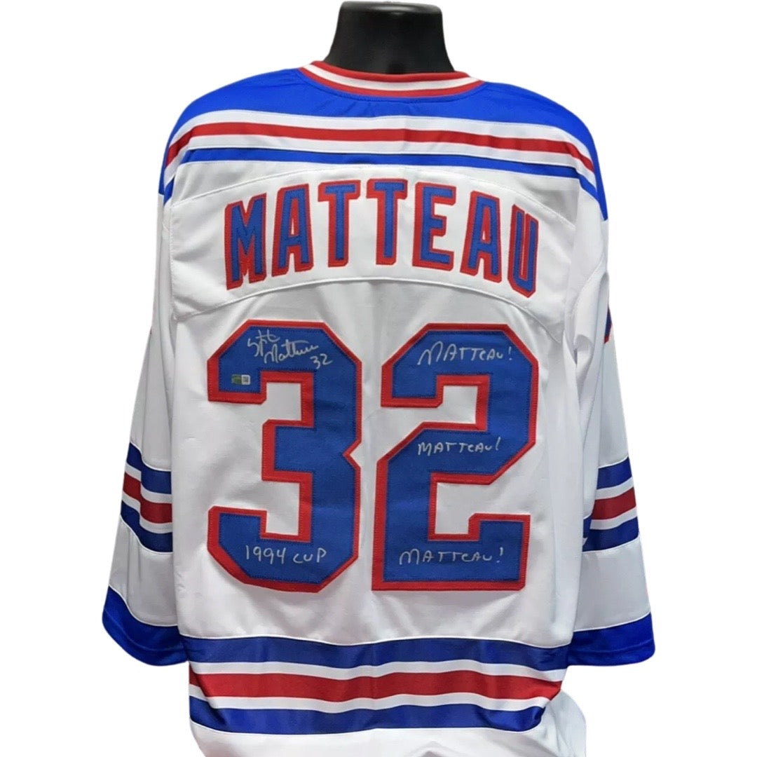 Stephane Matteau Autographed New York Rangers White Jersey “1994 Cup, Matteau! Matteau! Matteau!” Inscriptions Steiner CX
