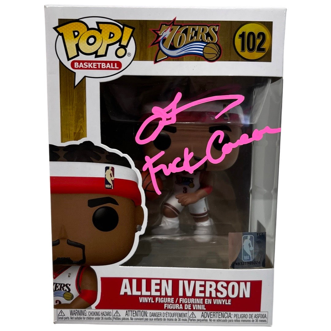 Allen Iverson Autographed Philadelphia 76’ers Funko Pop “F*ck Cancer” Inscription Pink Ink Steiner CX