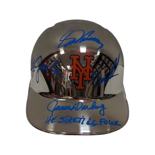 1986 Mets Starting Four Doc Gooden, Bobby Ojeda, Ron Darling & Sid Fernandez Autographed New York Mets Chrome Mini Helmet “The Starting Four” Inscription JSA