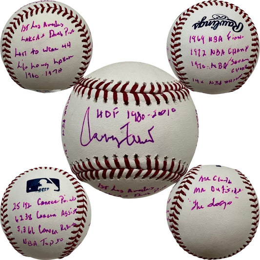 Jerry West Autographed Los Angeles Lakers OMLB Baseball 15 Stat Inscriptions PSA