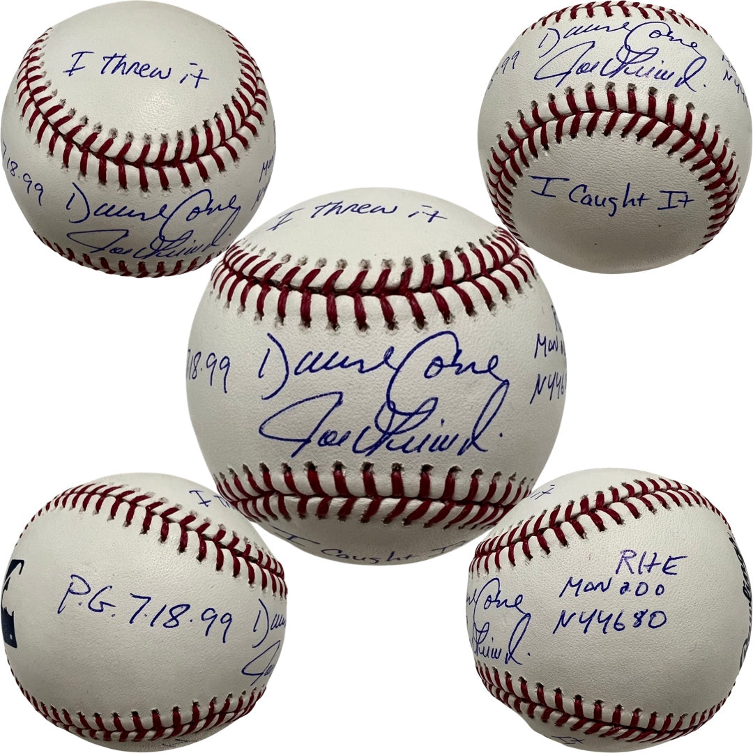 David Cone & Joe Girardi Autographed New York Yankees OMLB “I Threw It, I Caught It, PG 7.18.99” & Box Score Inscriptions JSA