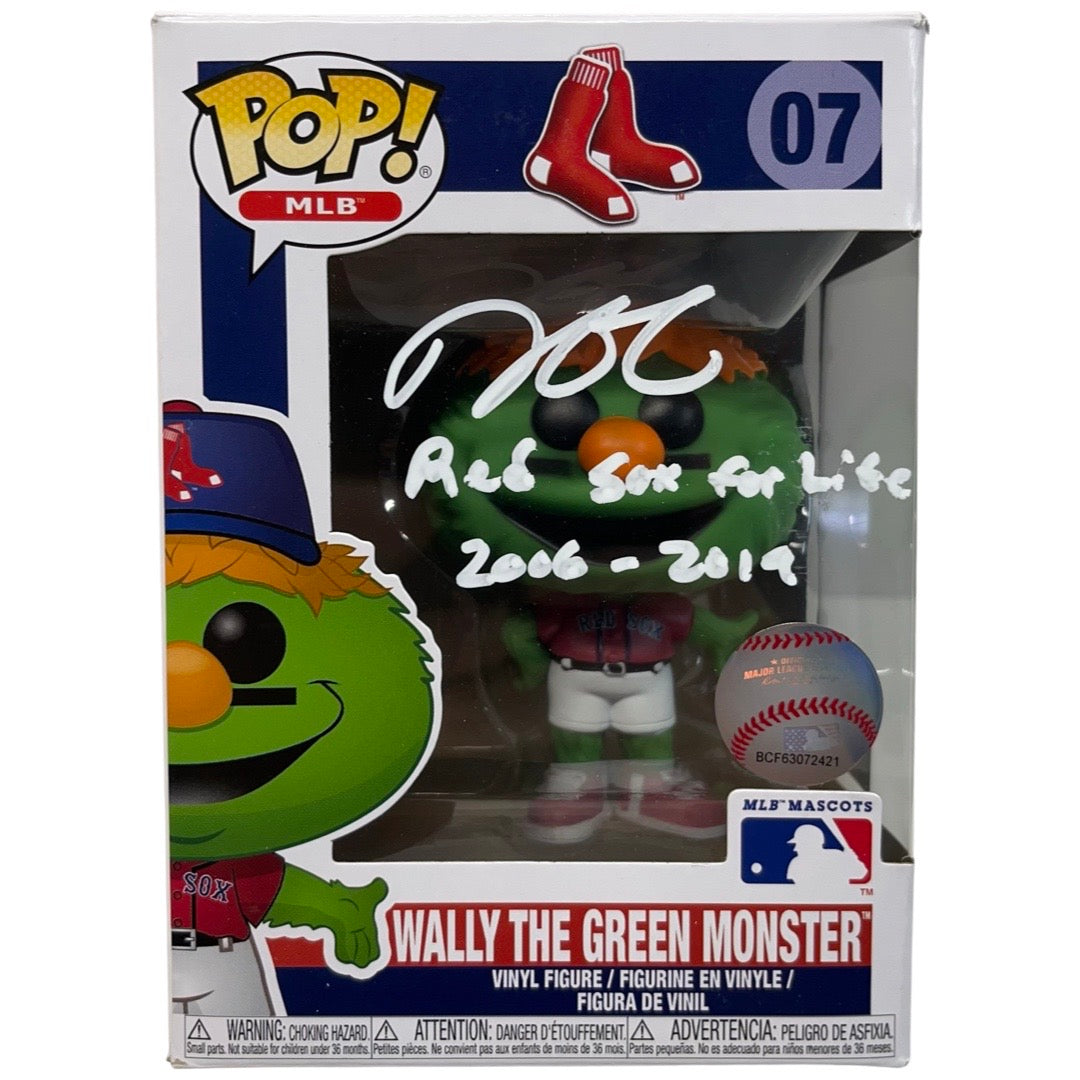 Dustin Pedroia Autographed Boston Red Sox Wally the Green Monster Funko Pop “Red Sox for Life 2006-2019” Inscription White Ink Steiner CX