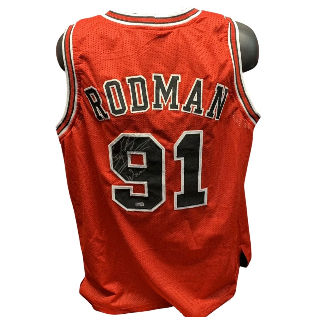 Dennis Rodman Autographed Chicago Bulls Red Jersey “The Worm” Inscription Steiner CX