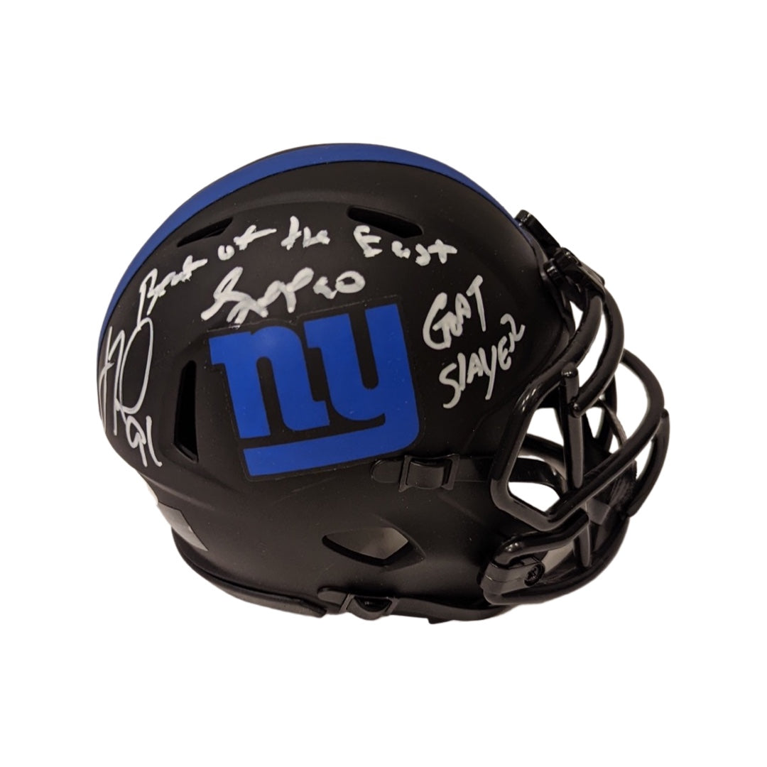 Justin Tuck & Jason Pierre Paul Autographed New York Giants Eclipse Mini Helmet “Beast of the East, GOAT Slayer” Inscriptions JSA