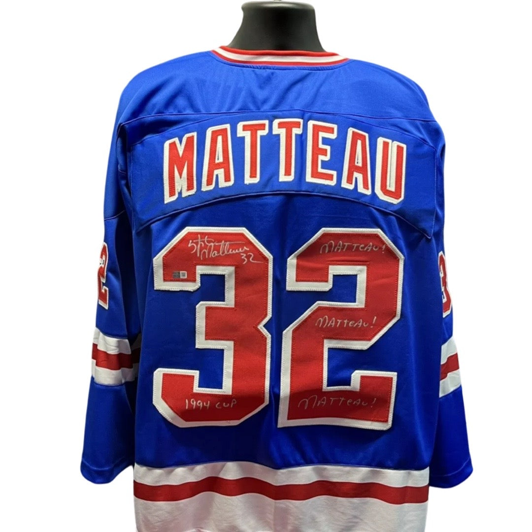 Stephane Matteau Autographed New York Rangers Blue Jersey “1994 Cup, Matteau! Matteau! Matteau!” Inscription Steiner CX