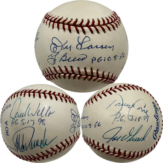 Don Larsen, Yogi Berra, David Cone, Joe Girardi, David Wells & Jorge Posada Autographed New York Yankees OMLB “PG 10.8.56, PG 5.17.98, PG 7.18.99” Inscriptions JSA