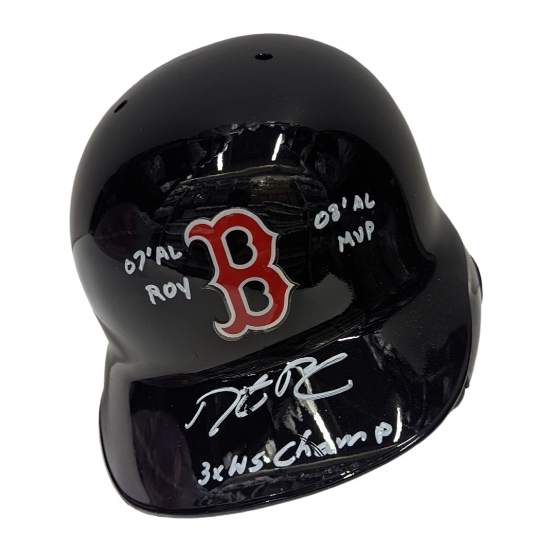 Dustin Pedroia Autographed Boston Red Sox Batting Helmet “07 AL ROY, 08 AL MVP, 3x WS Champ” Inscription Steiner CX