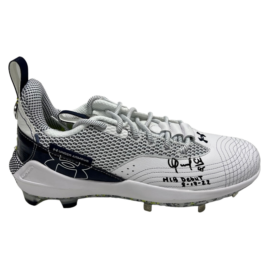 Oswaldo Cabrera Autographed New York Yankees Under Armour Bryce Harper Game Model (Right) Cleat (Black Ink) “MLB Debut 8/17/22” Inscription Steiner CX