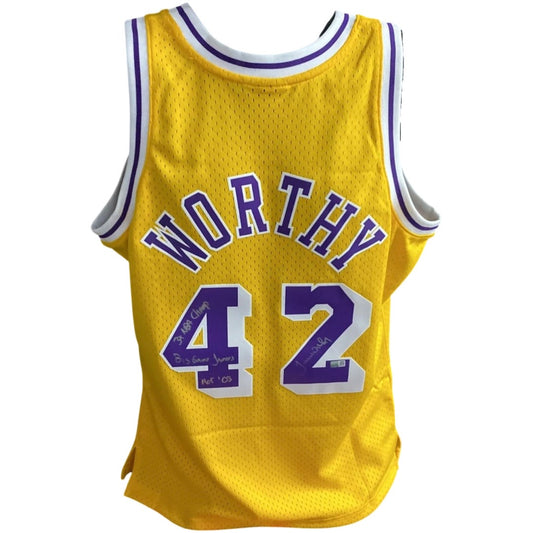 James Worthy Autographed Los Angeles Lakers Yellow 1984-85 Mitchell & Ness Swingman Jersey “3x NBA Champ, Big Game James, HOF 03” Inscriptions Steiner CX