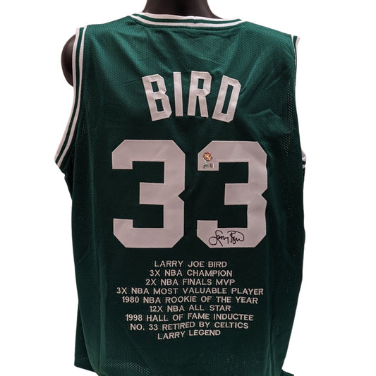 Larry Bird Autographed Boston Celtics Green Stat Jersey Steiner CX & Larry Bird COA