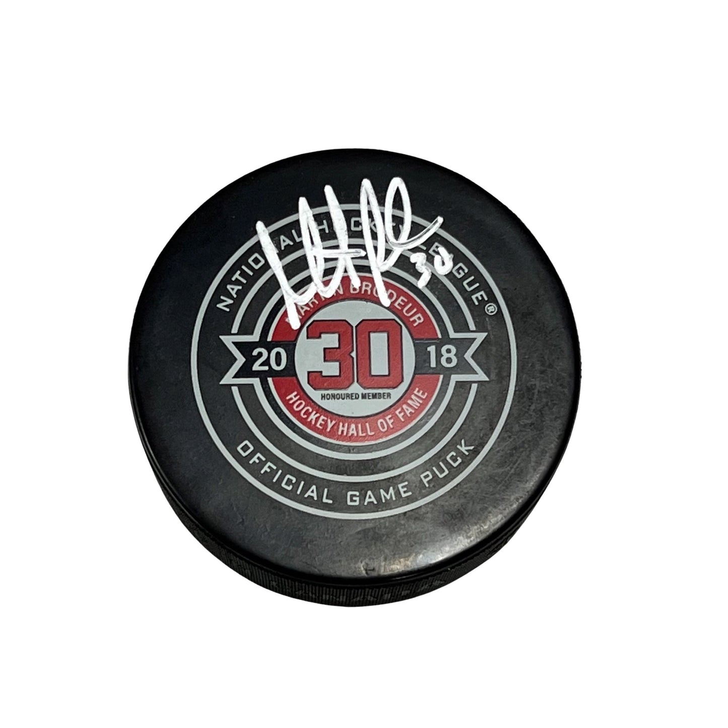 Martin Brodeur Autographed New Jersey Devils Brodeur Hall of Fame Logo Hockey Puck Fanatics