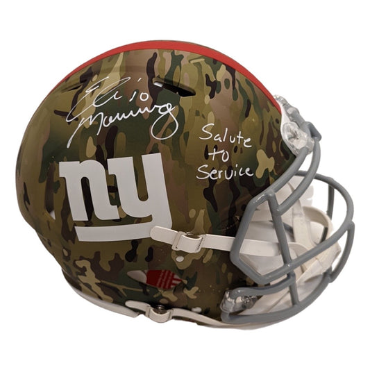 Eli Manning Autographed New York Giants Camo Authentic Helmet “Salute to Service” Inscription Fanatics