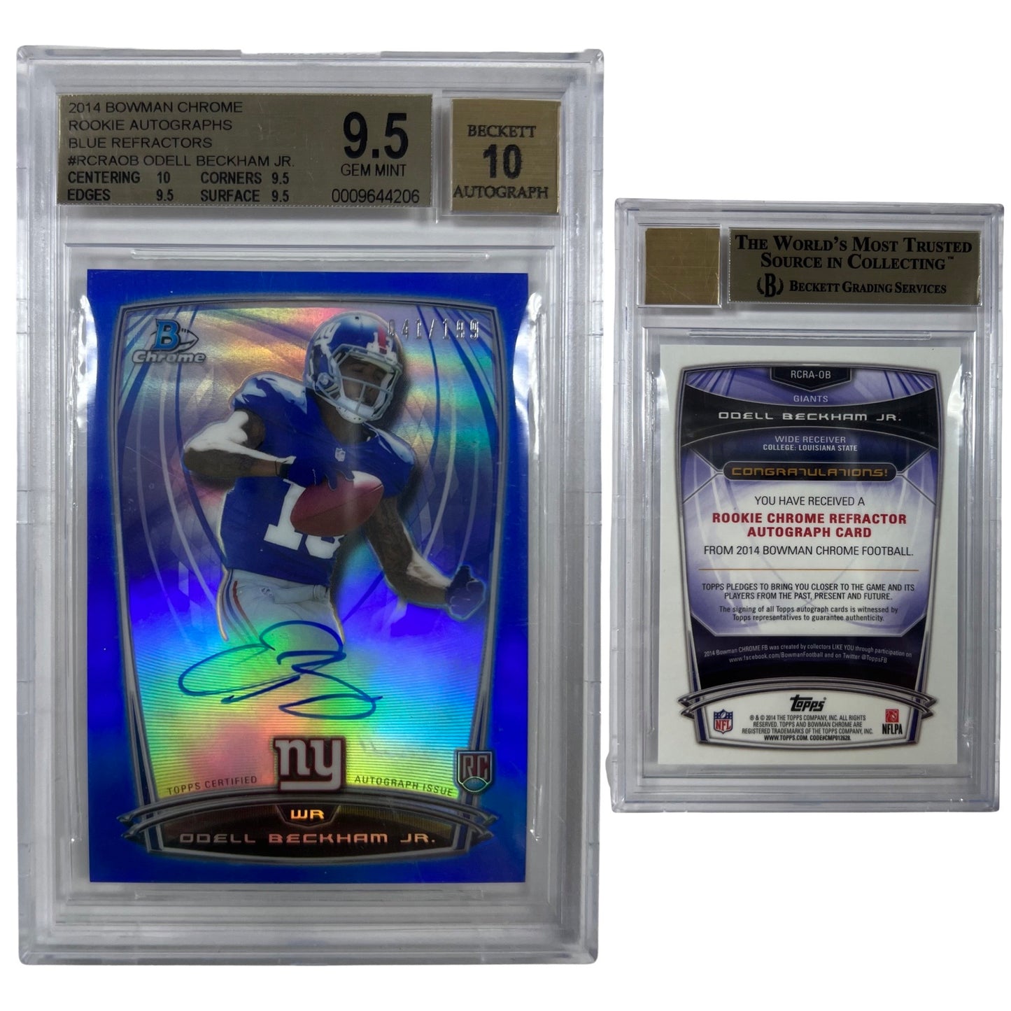 2014 Odell Beckham Jr Bowman Chrome Rookie Autographs Blue Refractor Beckett GEM MINT 9.5 Auto 10