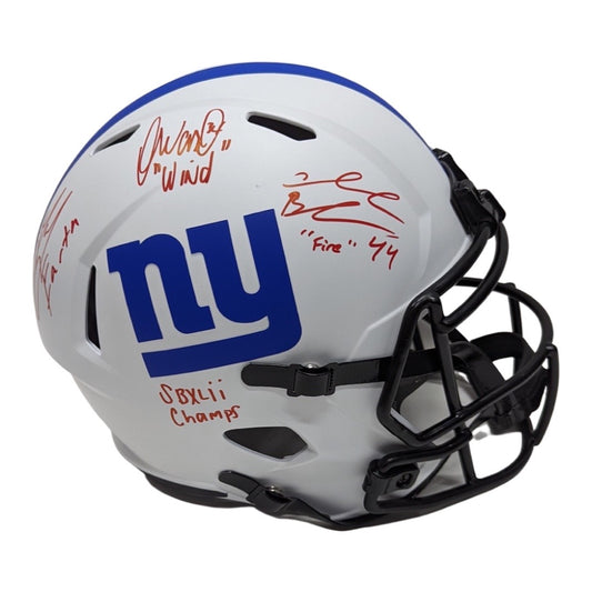 Brandon Jacobs, Ahmad Bradshaw & Derrick Ward Earth Wind & Fire Autographed New York Giants Lunar Eclipse Replica Helmet “Earth, Wind, Fire, SB XLII Champs” Inscriptions JSA